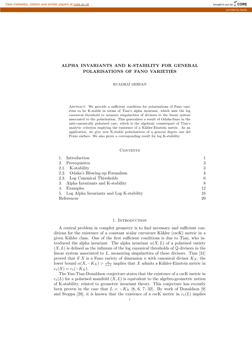 Alpha Invariants and K-Stability for General Polarisations of Fano Varieties