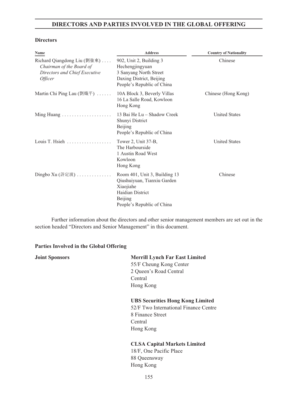 Directors and Parties Involved in the Global Offering