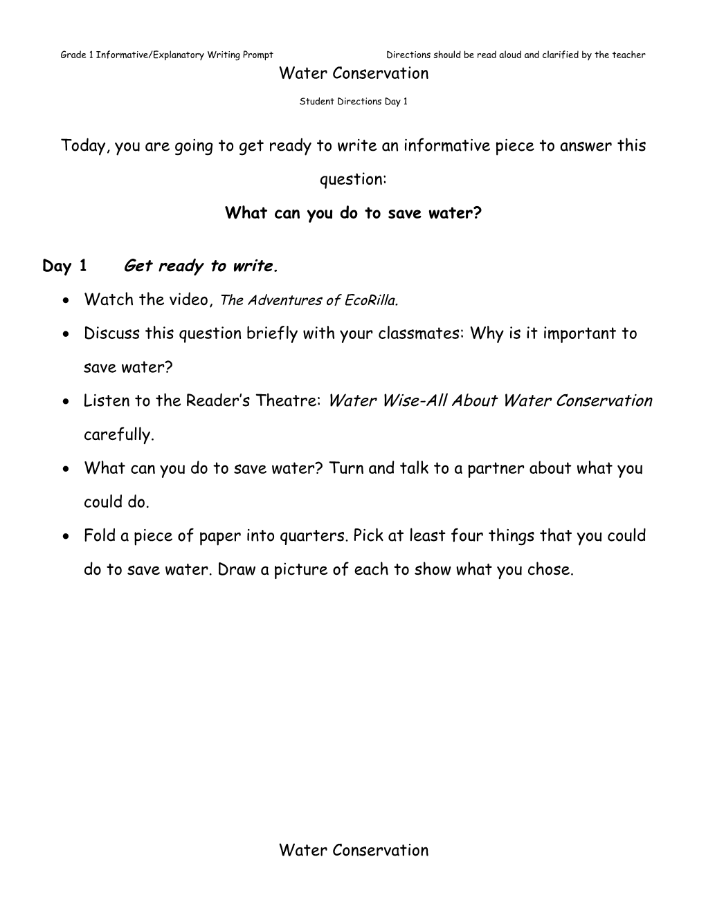 Grade 1 Informative/Explanatory Writing Prompt Directions Should Be Read Aloud and Clarified