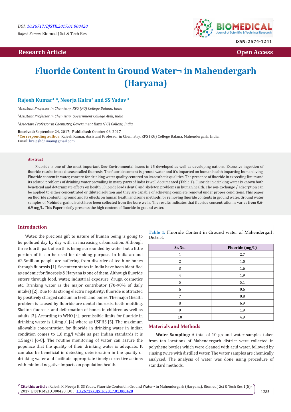 Fluoride Content in Ground Water¬ in Mahendergarh (Haryana)