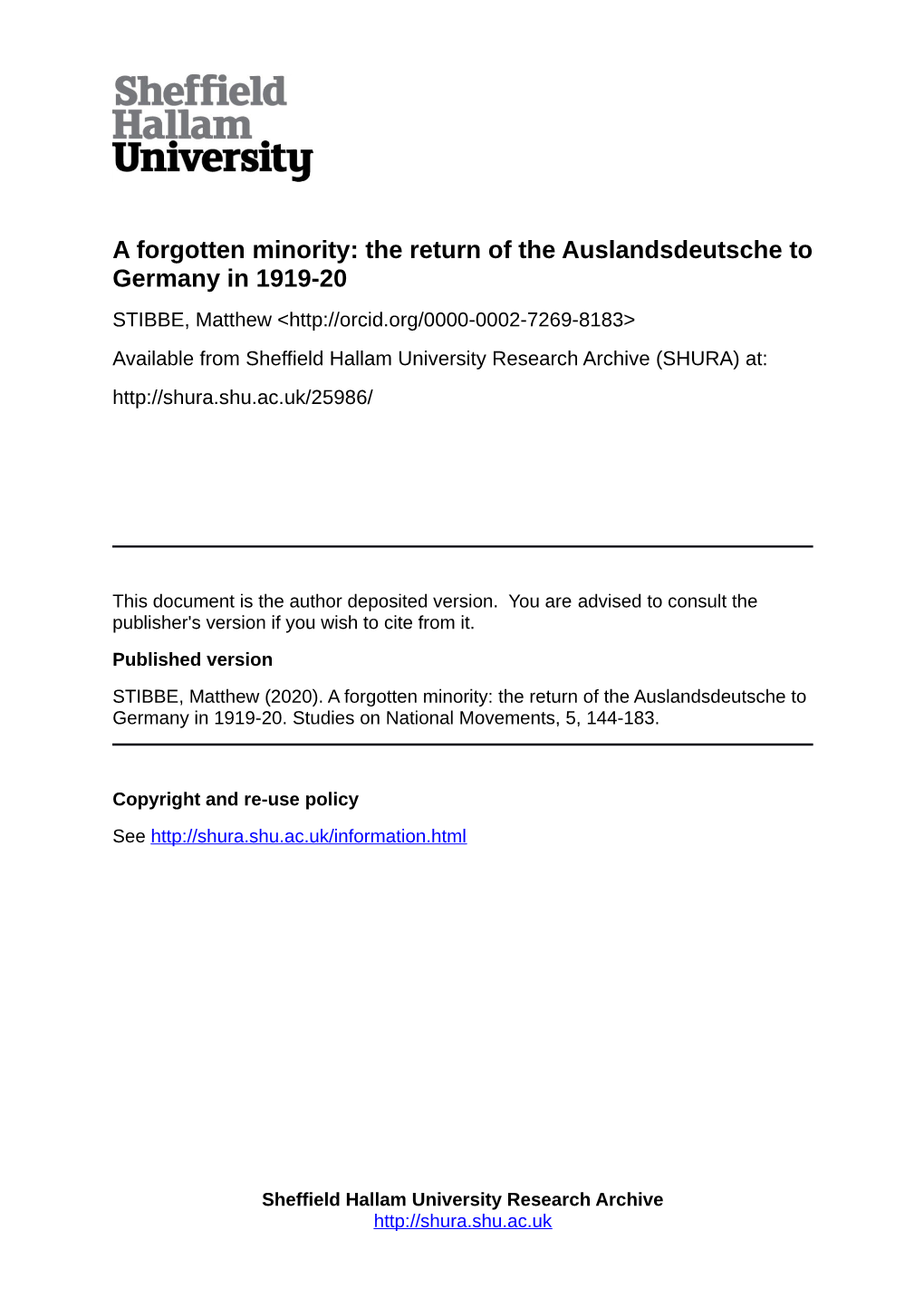 The Return of the Auslandsdeutsche to Germany in 1919-20