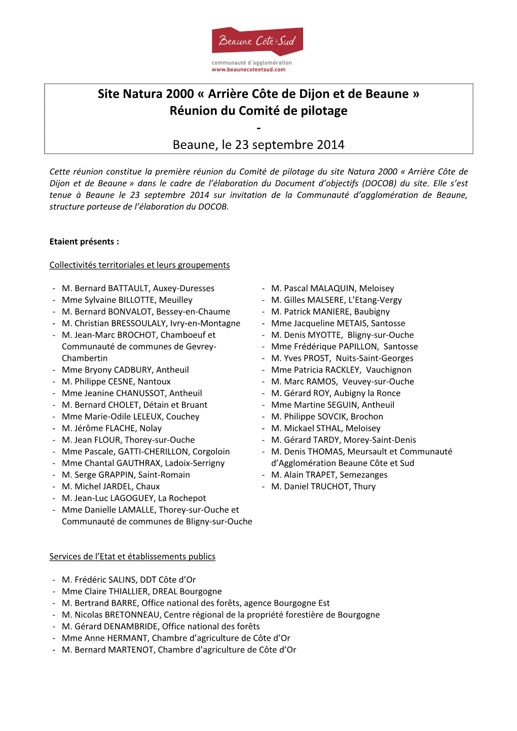 Site Natura 2000 « Arrière Côte De Dijon Et De Beaune » Réunion Du Comité De Pilotage - Beaune, Le 23 Septembre 2014