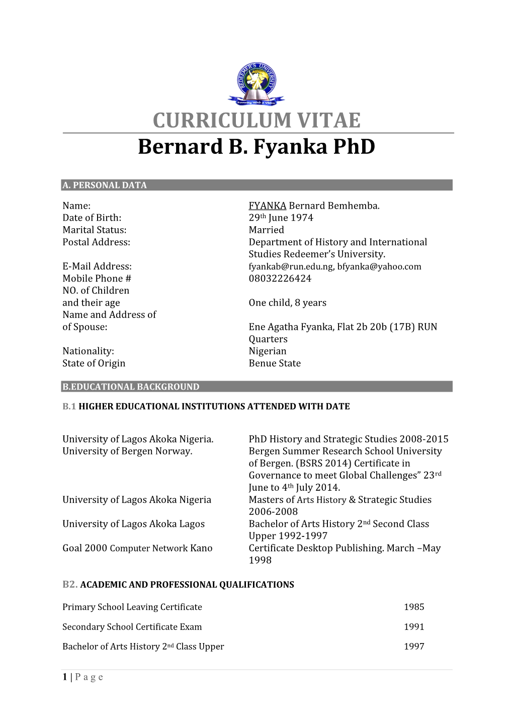 CURRICULUM VITAE Bernard B. Fyanka Phd