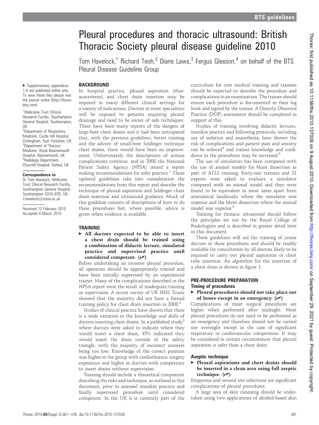 Pleural Procedures and Thoracic Ultrasound: British Thorax: First Published As 10.1136/Thx.2010.137026 on 9 August 2010