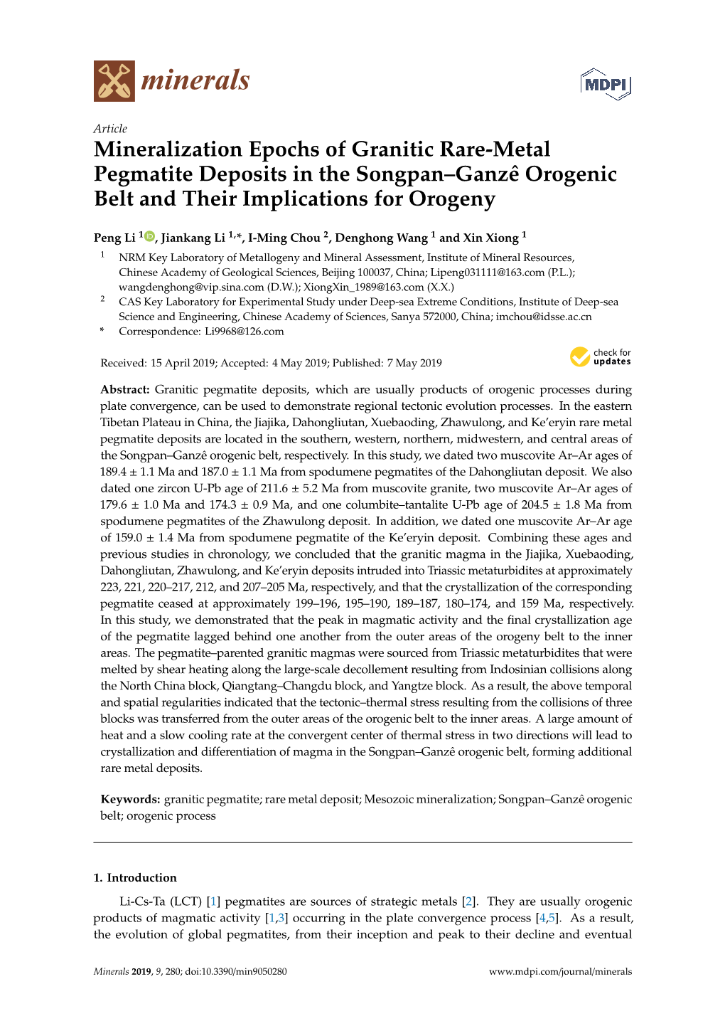 Mineralization Epochs of Granitic Rare-Metal Pegmatite Deposits in the Songpan–Ganzê Orogenic Belt and Their Implications for Orogeny