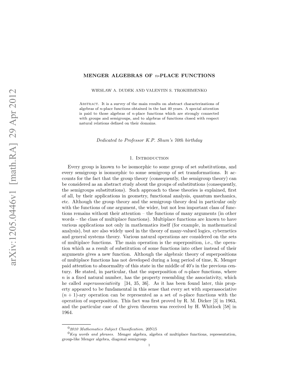 Menger Algebras of $ N $-Place Functions