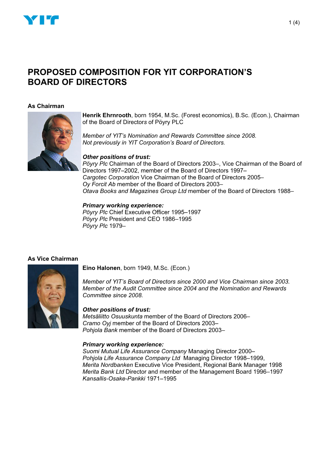 Proposed Composition for Yit Corporation's Board Of