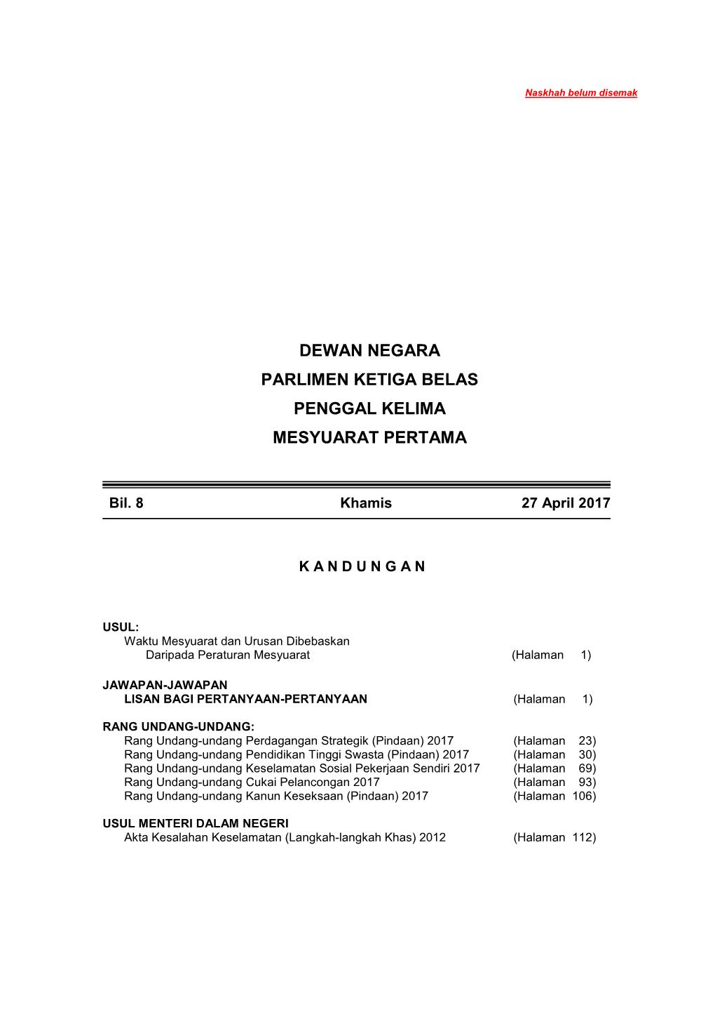 Dewan Negara Parlimen Ketiga Belas Penggal Kelima Mesyuarat Pertama