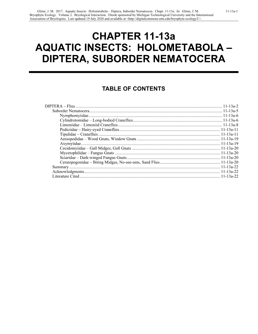 Aquatic Insects: Holometabola – Diptera, Suborder Nematocera