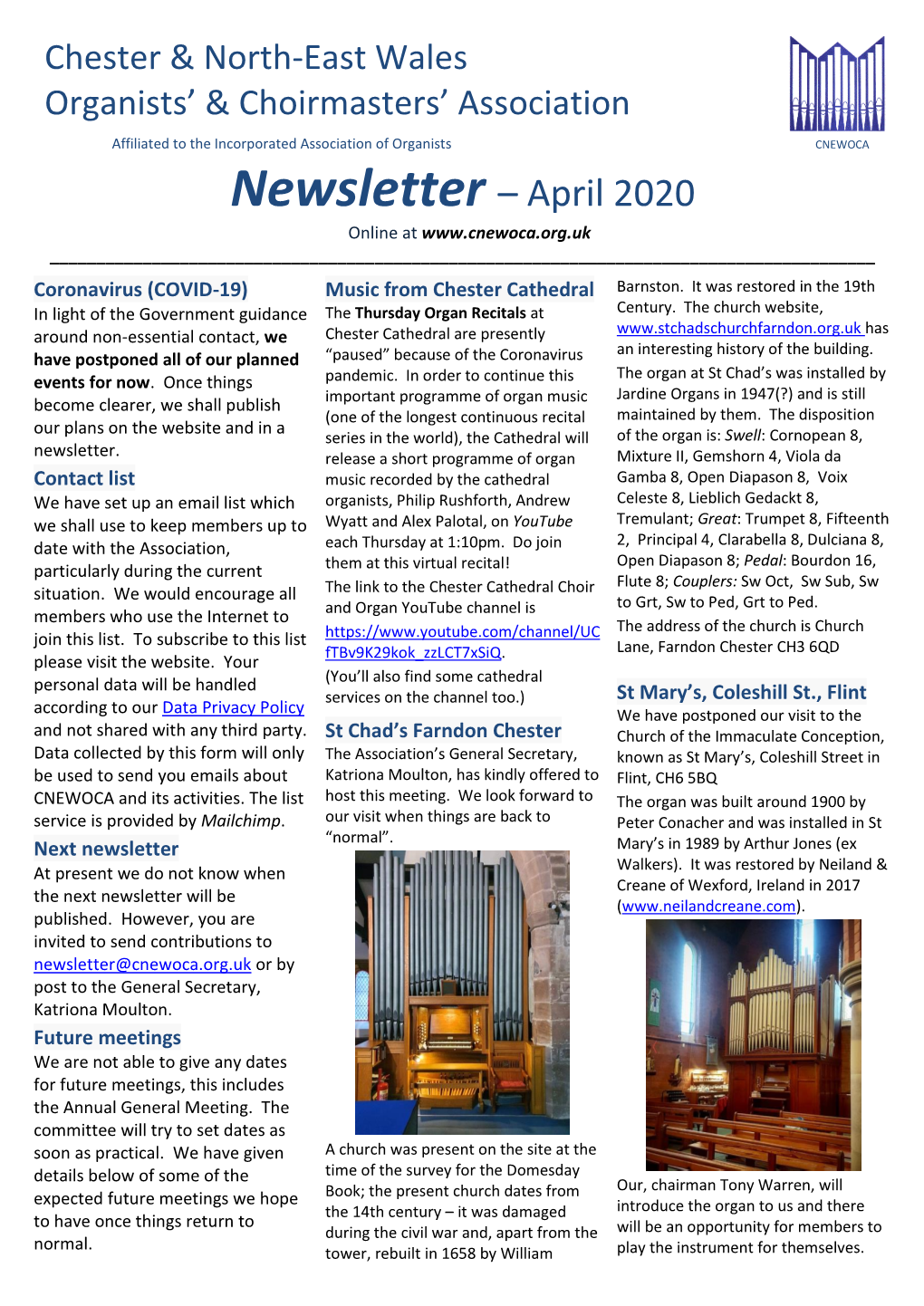 Newsletter – April 2020 Online at ______Coronavirus (COVID-19) Music from Chester Cathedral Barnston