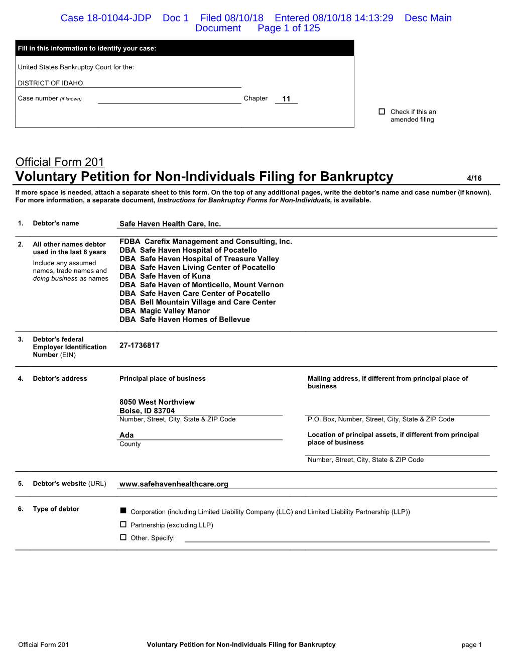 Case 18-01044-JDP Doc 1 Filed 08/10/18 Entered 08/10/18 14:13:29 Desc Main Document Page 1 of 125