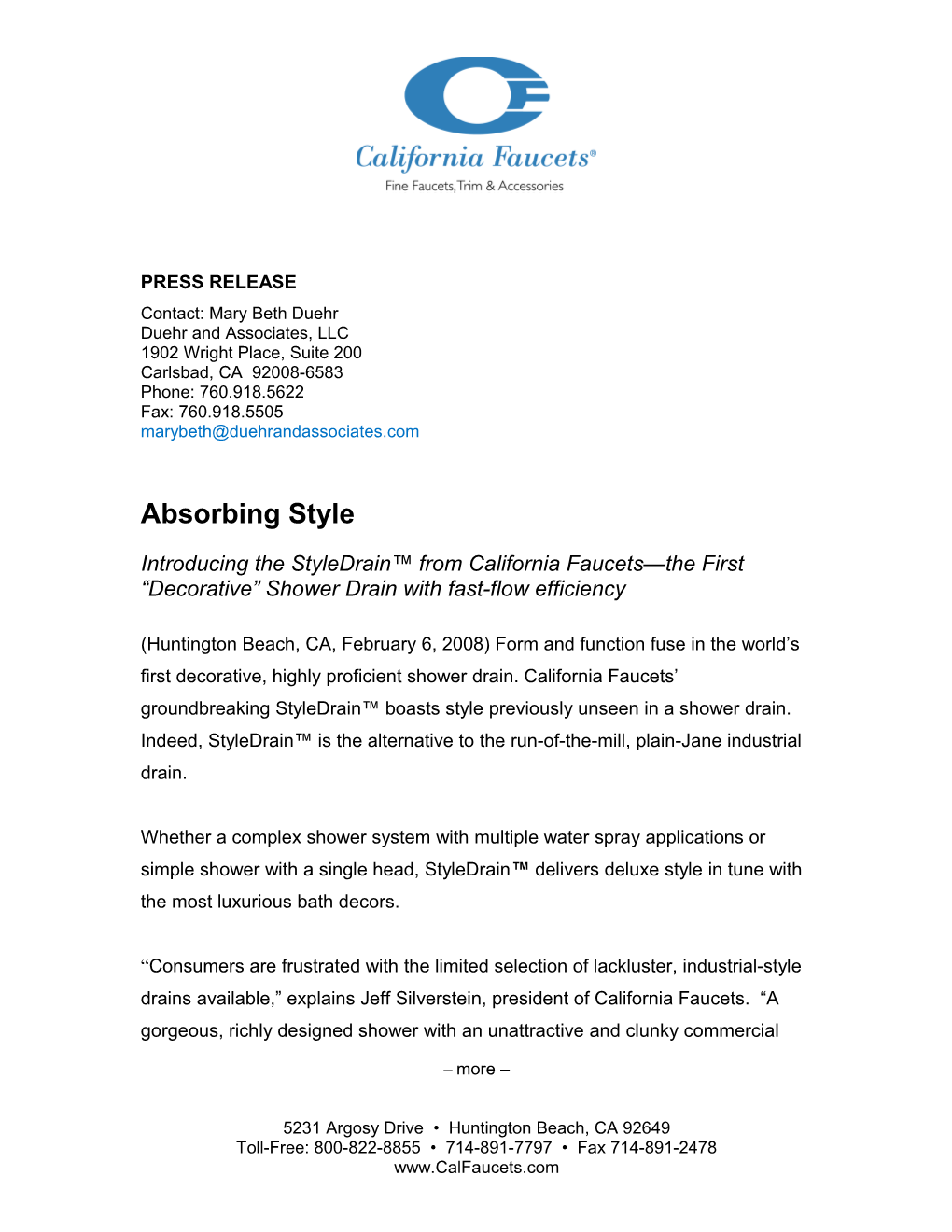 California Faucets Press Release (Continued): Absorbing Style Page 3 of 3