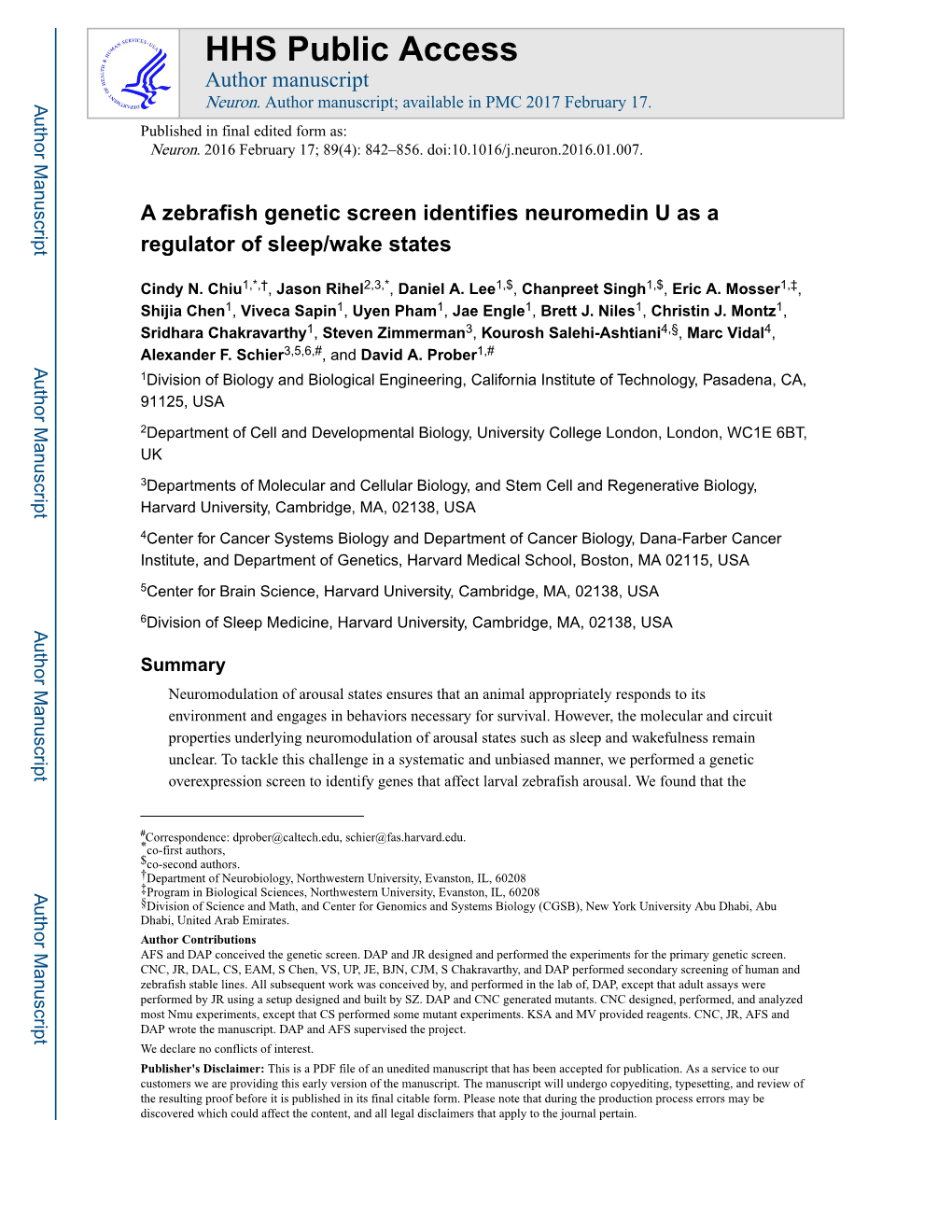 A Zebrafish Genetic Screen Identifies Neuromedin U As a Regulator of Sleep/Wake States