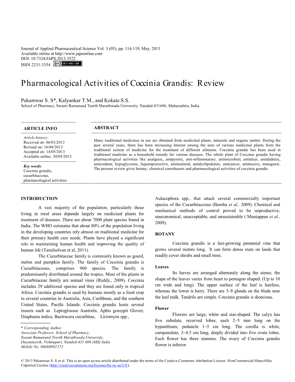 Pharmacological Activities of Coccinia Grandis: Review