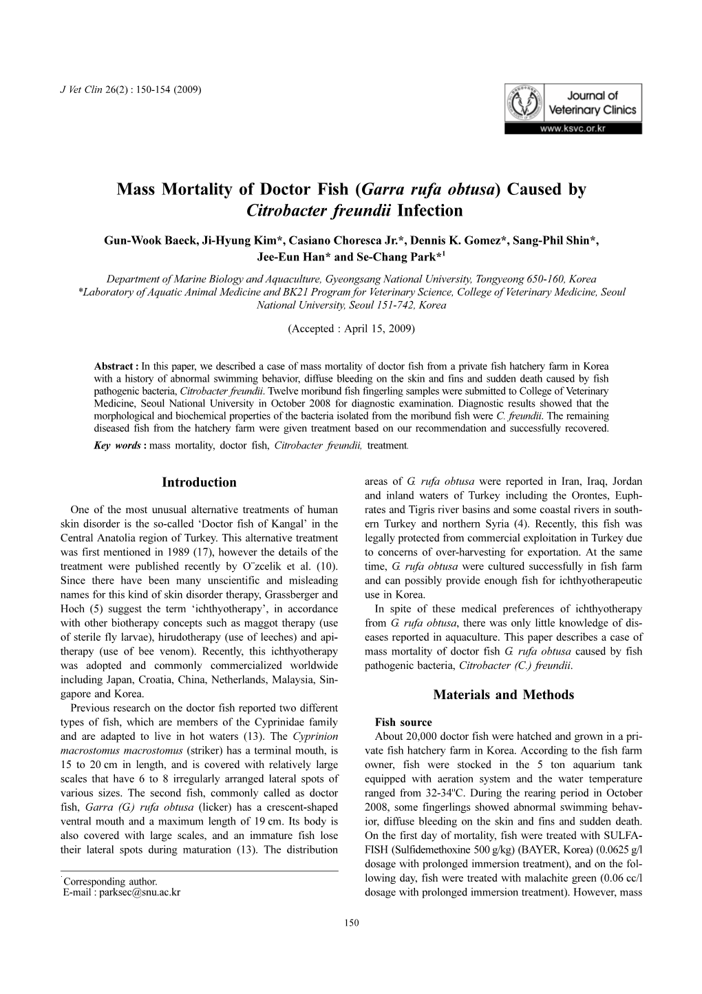 Mass Mortality of Doctor Fish (Garra Rufa Obtusa) Caused by Citrobacter Freundii Infection