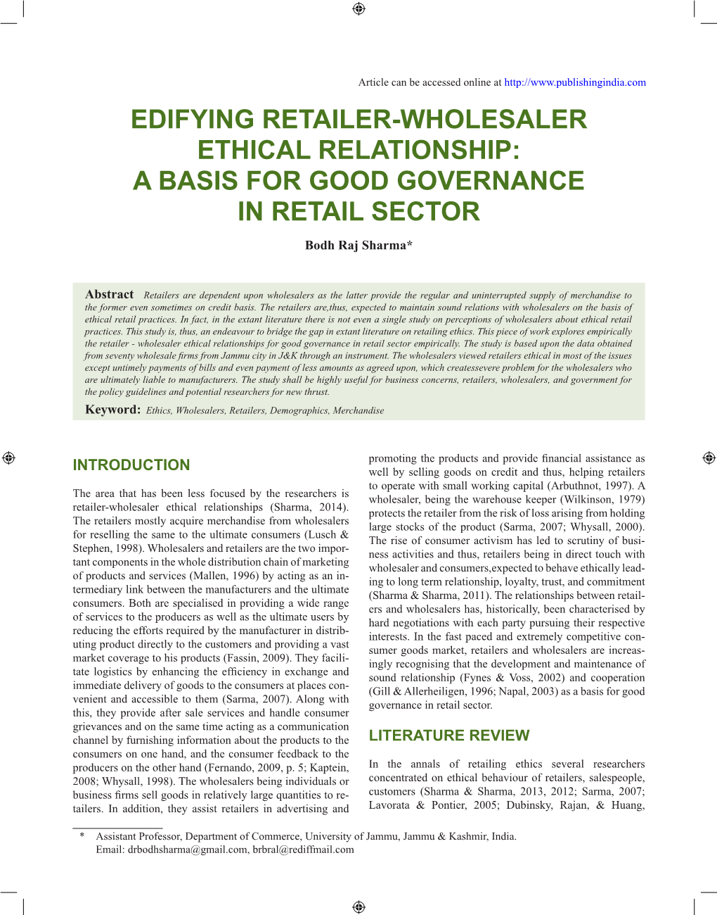 EDIFYING RETAILER-WHOLESALER ETHICAL RELATIONSHIP: a BASIS for GOOD Governance in RETAIL SECTOR