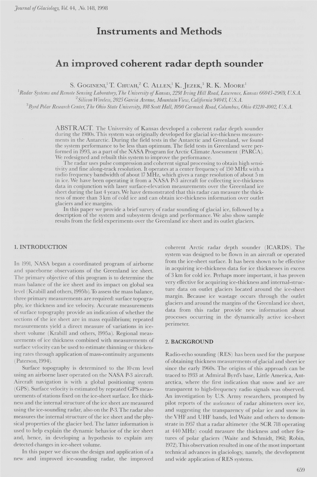 Instruments and Methods an Improved Coherent Radar Depth Sounder