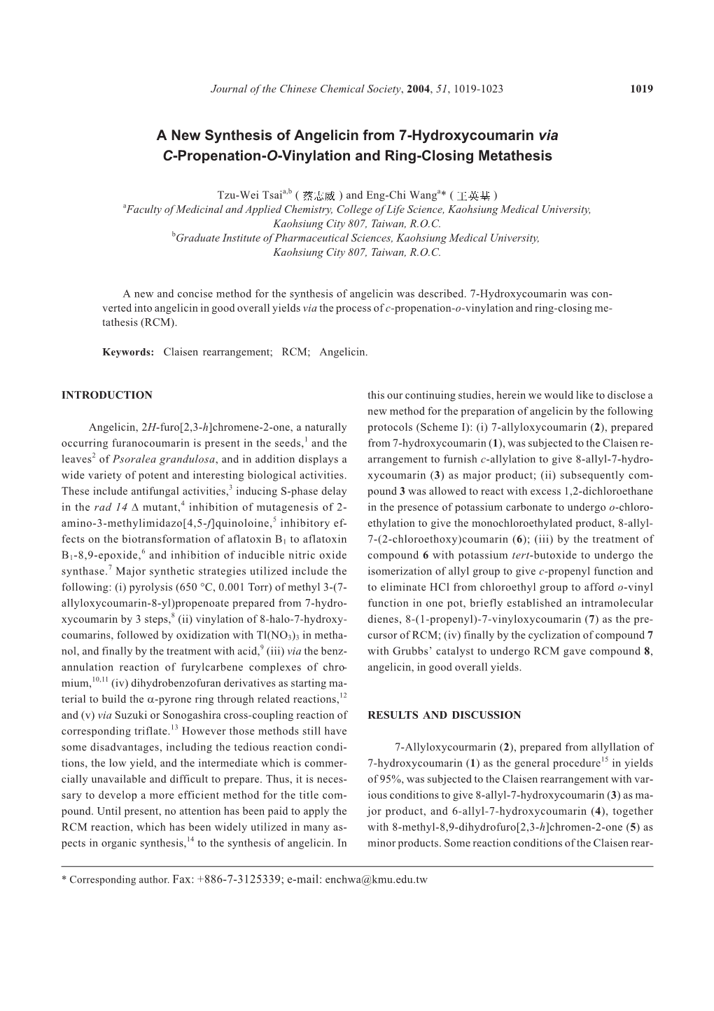 A New Synthesis of Angelicin from 7-Hydroxycoumarin Via C-Propenation-O-Vinylation and Ring-Closing Metathesis