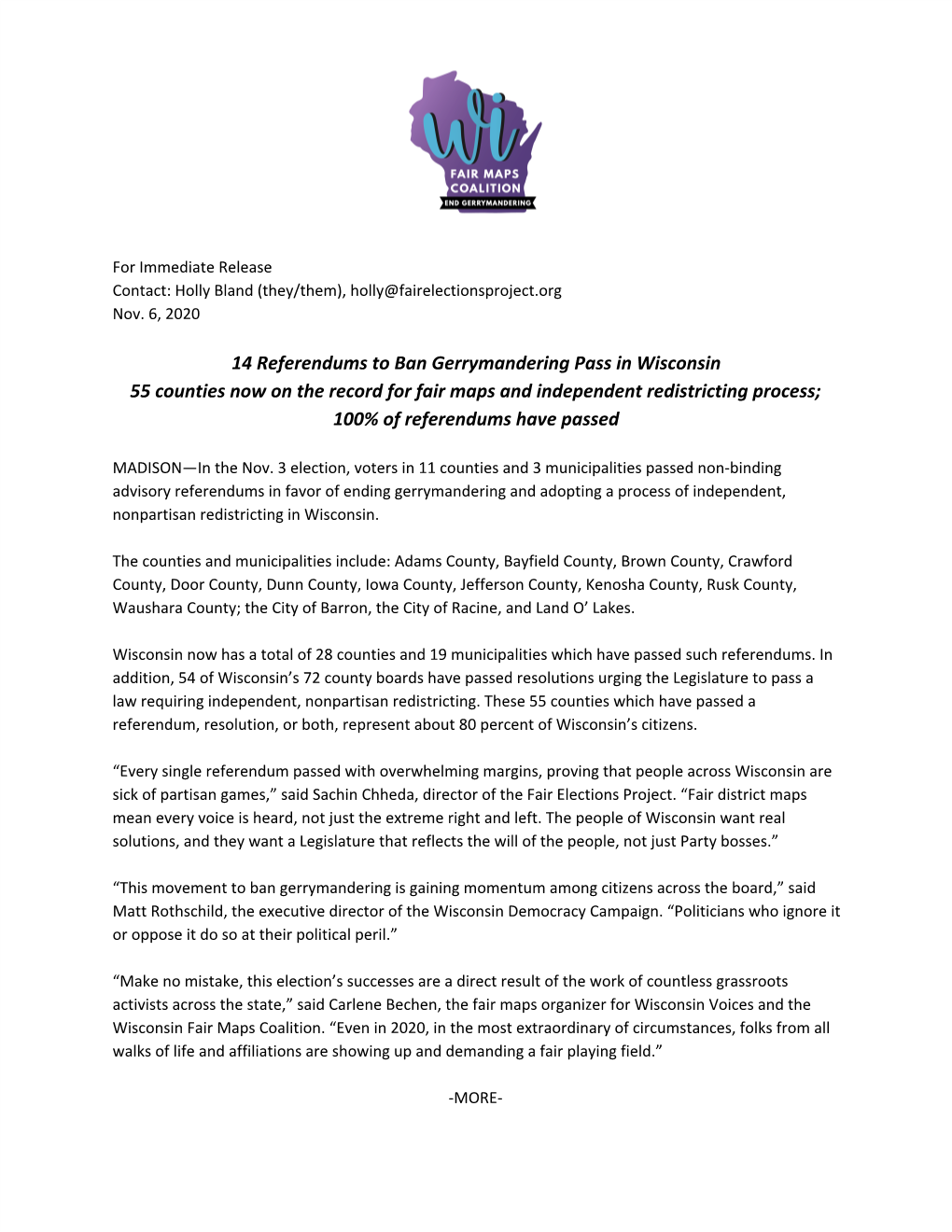 14 Referendums to Ban Gerrymandering Pass in Wisconsin 55 Counties Now on the Record for Fair Maps and Independent Redistricting