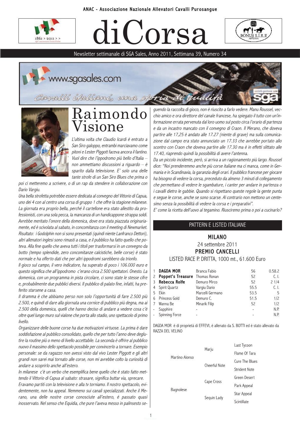Dicorsa Newsletter Settimanale Di Sga Sales, Anno 2011, Settimana 39, Numero 34