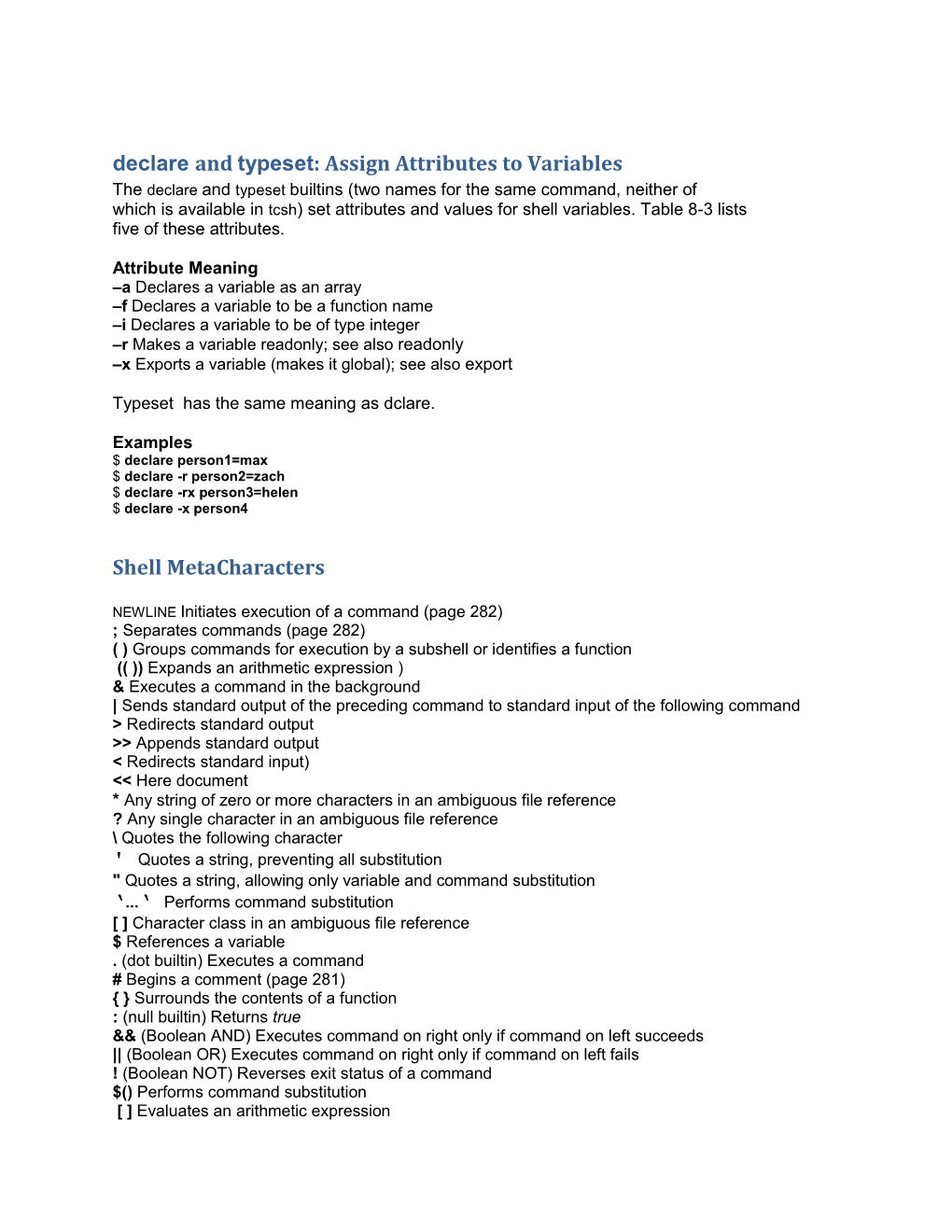 Declare and Typeset: Assign Attributes to Variables Shell Metacharacters