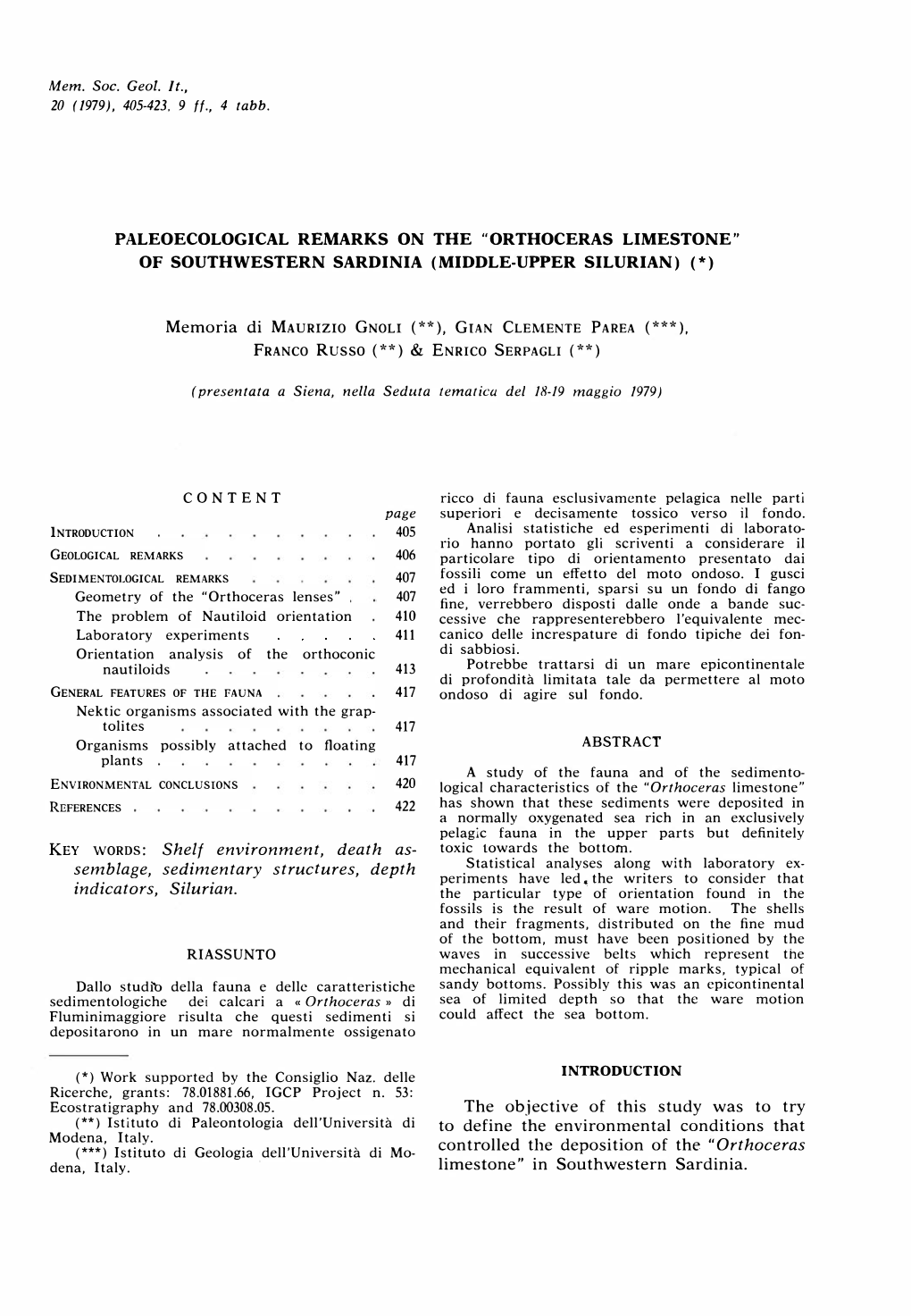 Orthoceras Limestone" of Southwestern Sardinia (Middle-Upper Silurian) ( * )