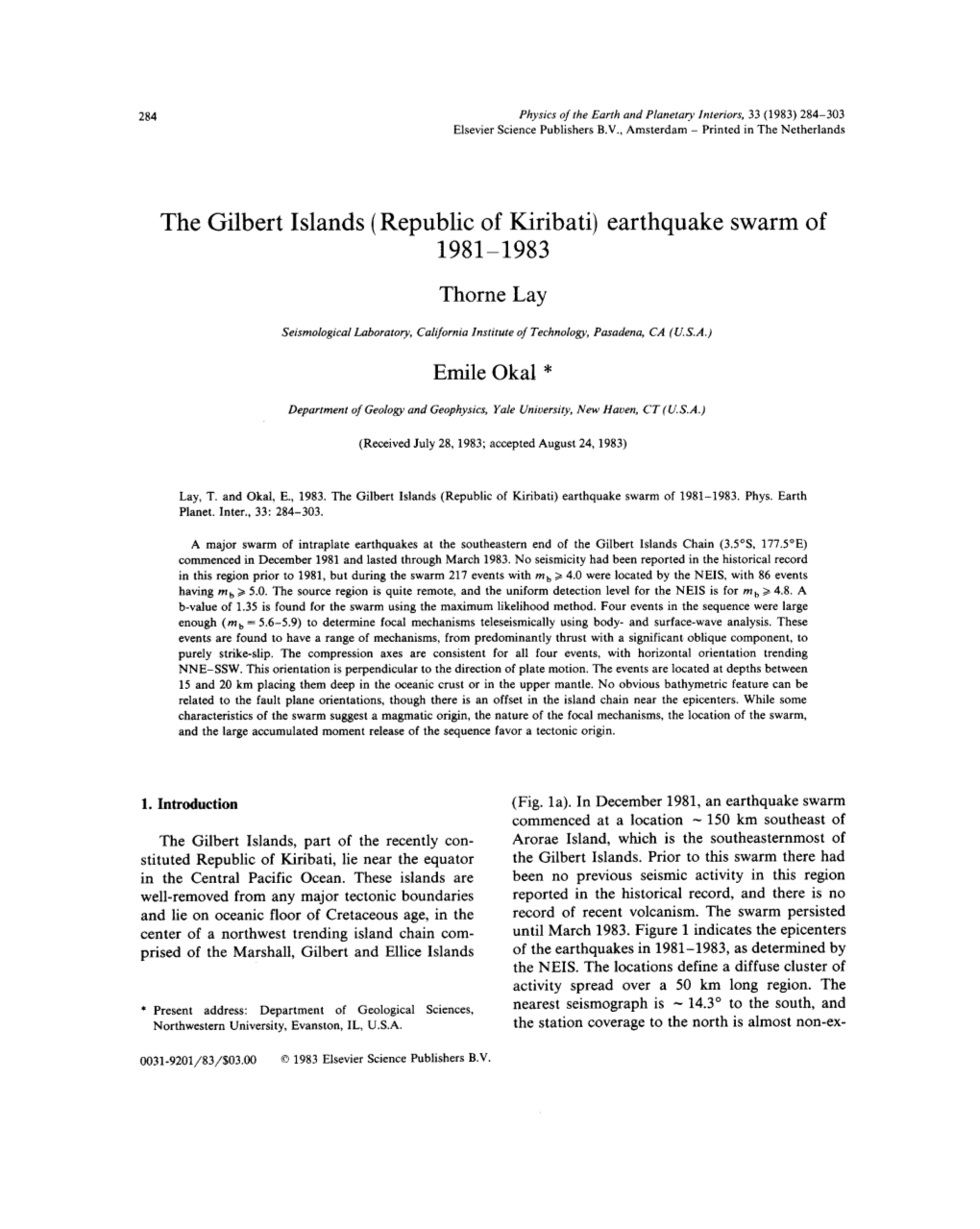 The Gilbert Islands (Republic of Kiribati) Earthquake Swarm of 1981—1983