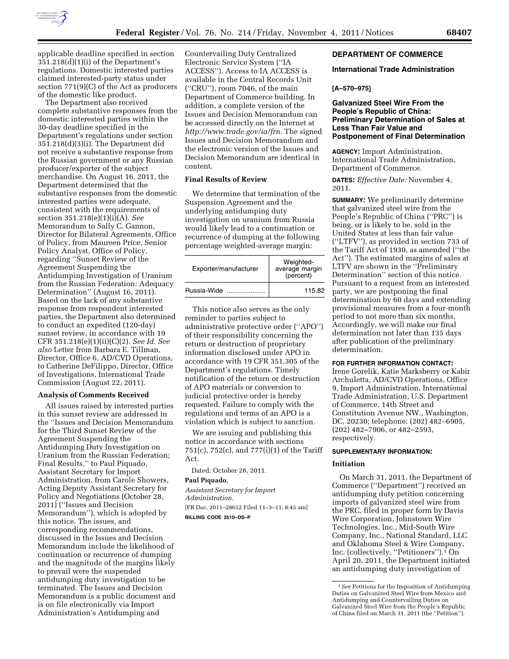 Federal Register/Vol. 76, No. 214/Friday, November 4, 2011/Notices