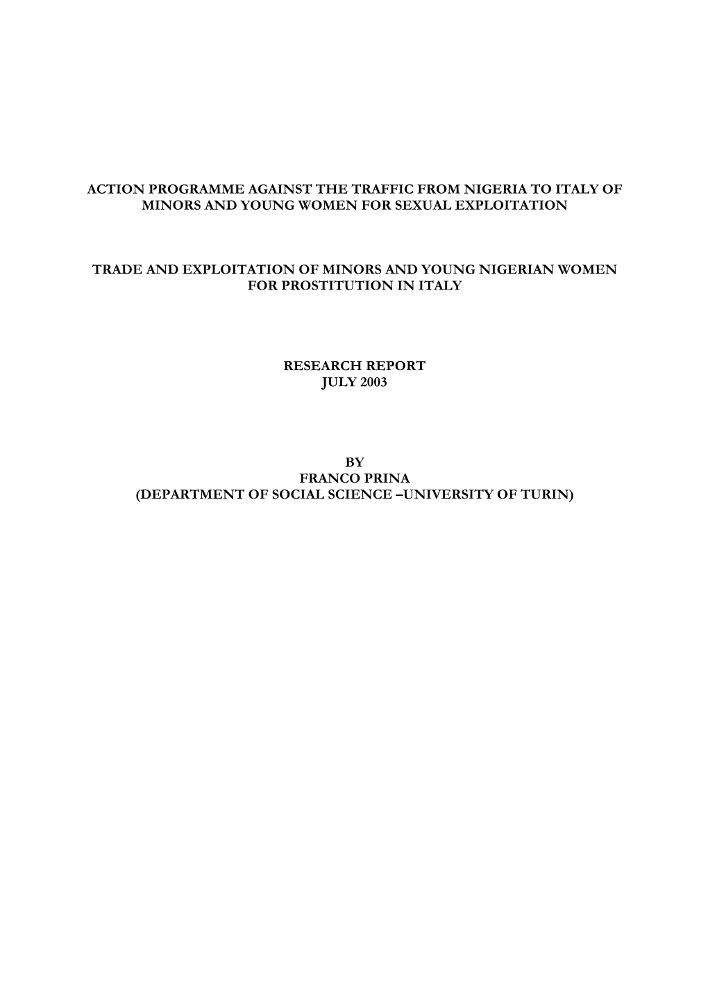 Action Programme Against the Traffic from Nigeria to Italy of Minors and Young Women for Sexual Exploitation