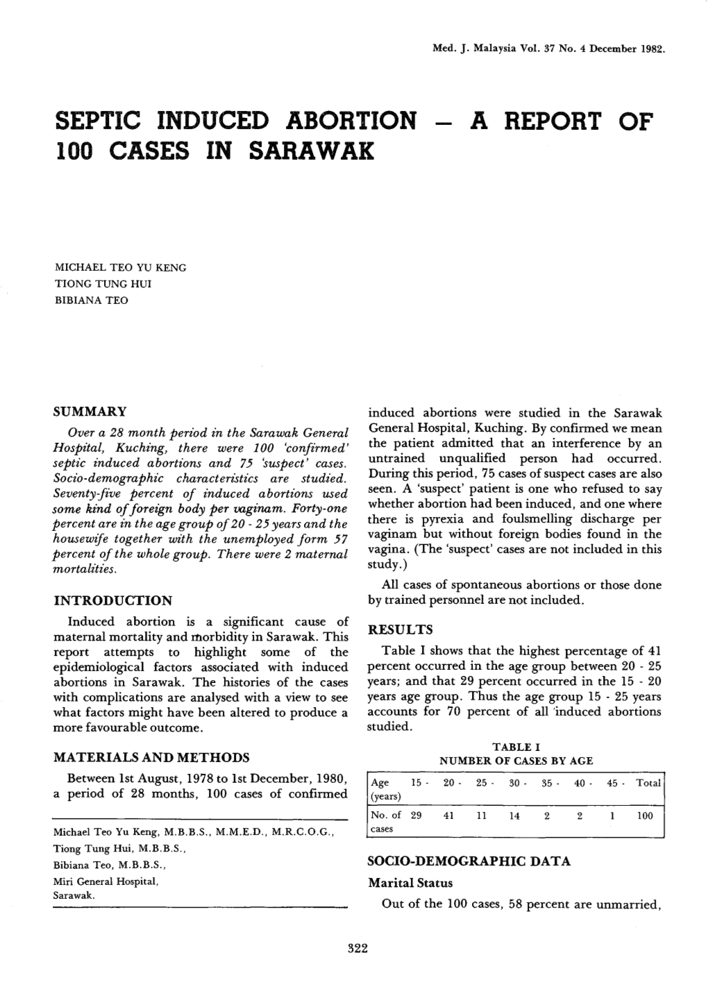 Septic Induced Abortion a Report of 100 Cases in Sarawak