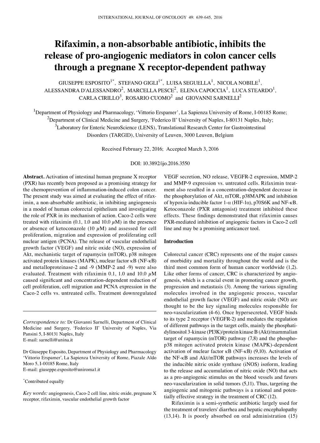 Rifaximin, a Non-Absorbable Antibiotic, Inhibits the Release of Pro-Angiogenic Mediators in Colon Cancer Cells Through a Pregnane X Receptor-Dependent Pathway