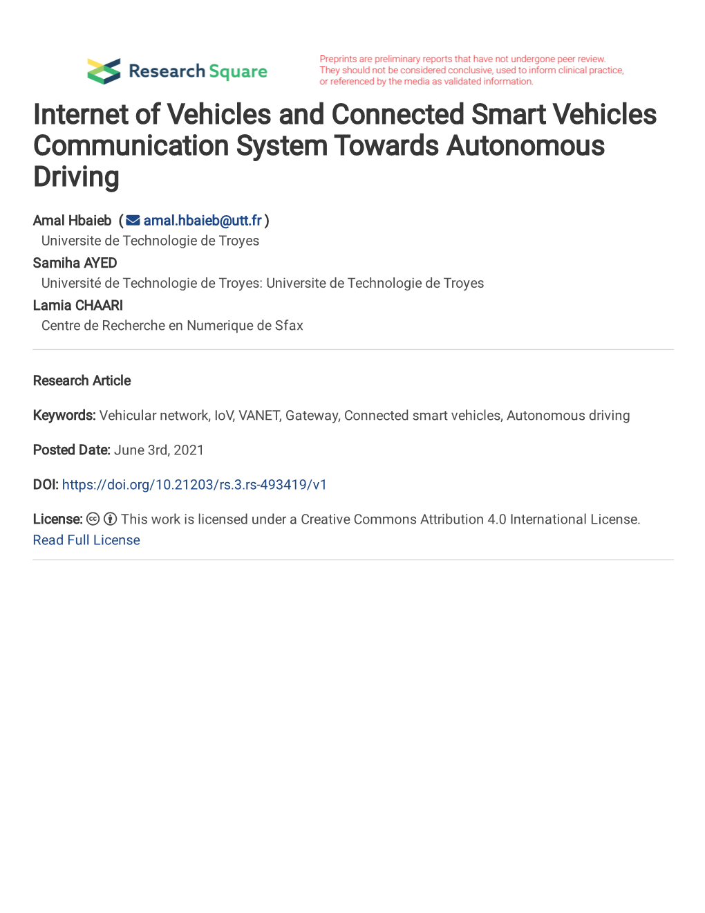Internet of Vehicles and Connected Smart Vehicles Communication System Towards Autonomous Driving