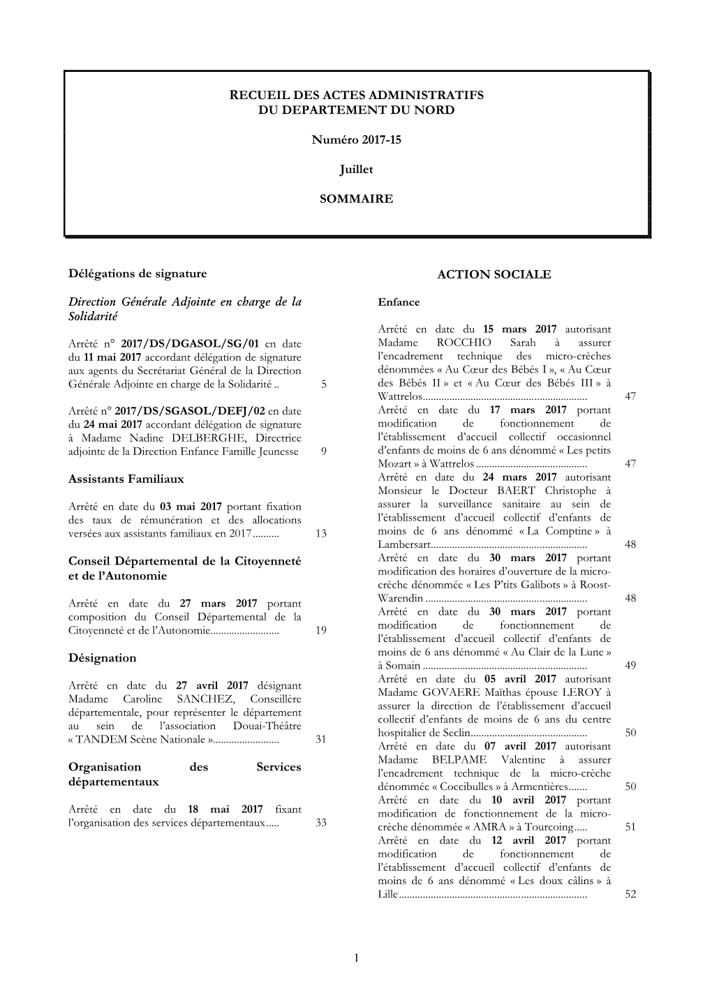 RECUEIL DES ACTES ADMINISTRATIFS DU DEPARTEMENT DU NORD Numéro 2017-15 Juillet SOMMAIRE Délégations De Signature Assistants