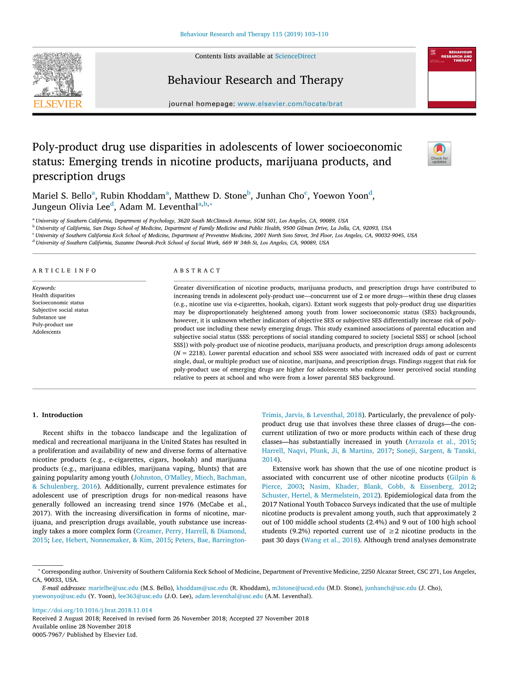 Poly-Product Drug Use Disparities in Adolescents of Lower Socioeconomic Status Emerging Trends in Nicotine Products, Marijuana