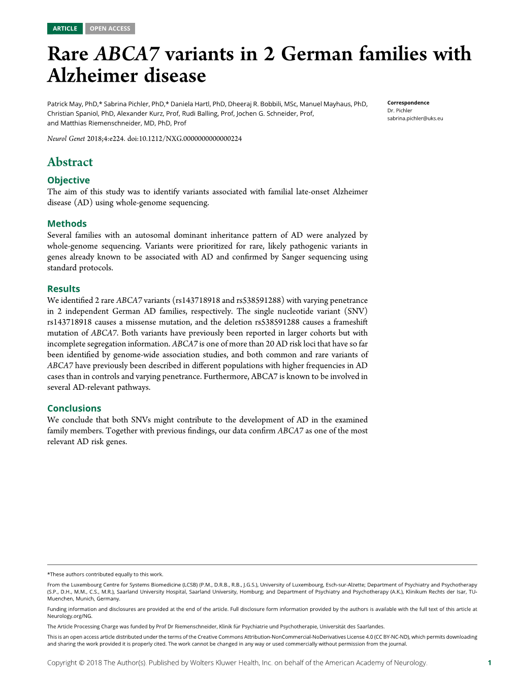 Rare ABCA7 Variants in 2 German Families with Alzheimer Disease