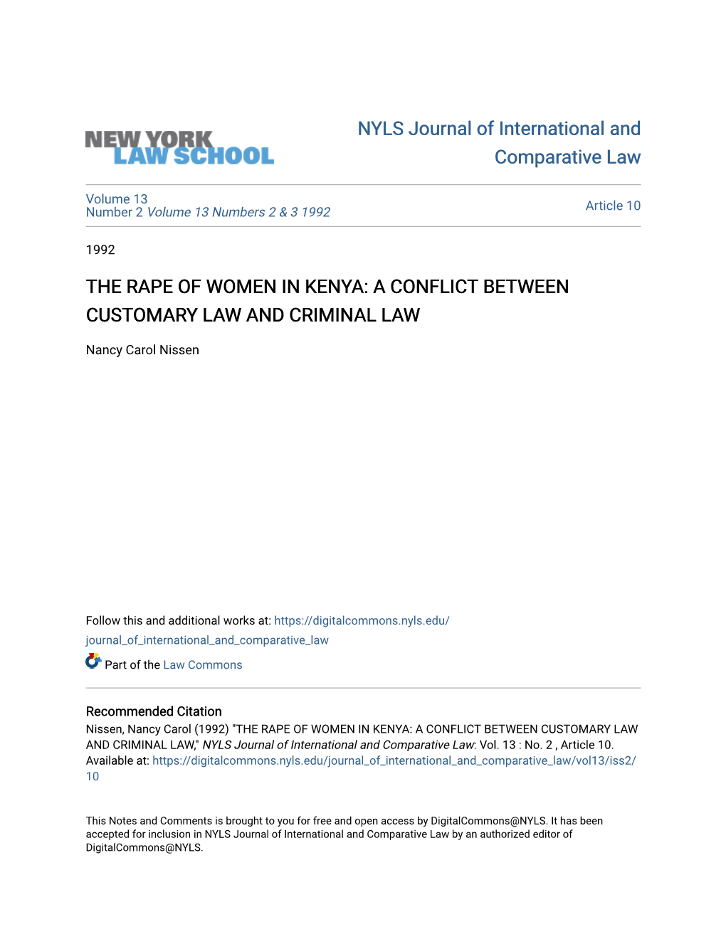 The Rape of Women in Kenya: a Conflict Between Customary Law and Criminal Law
