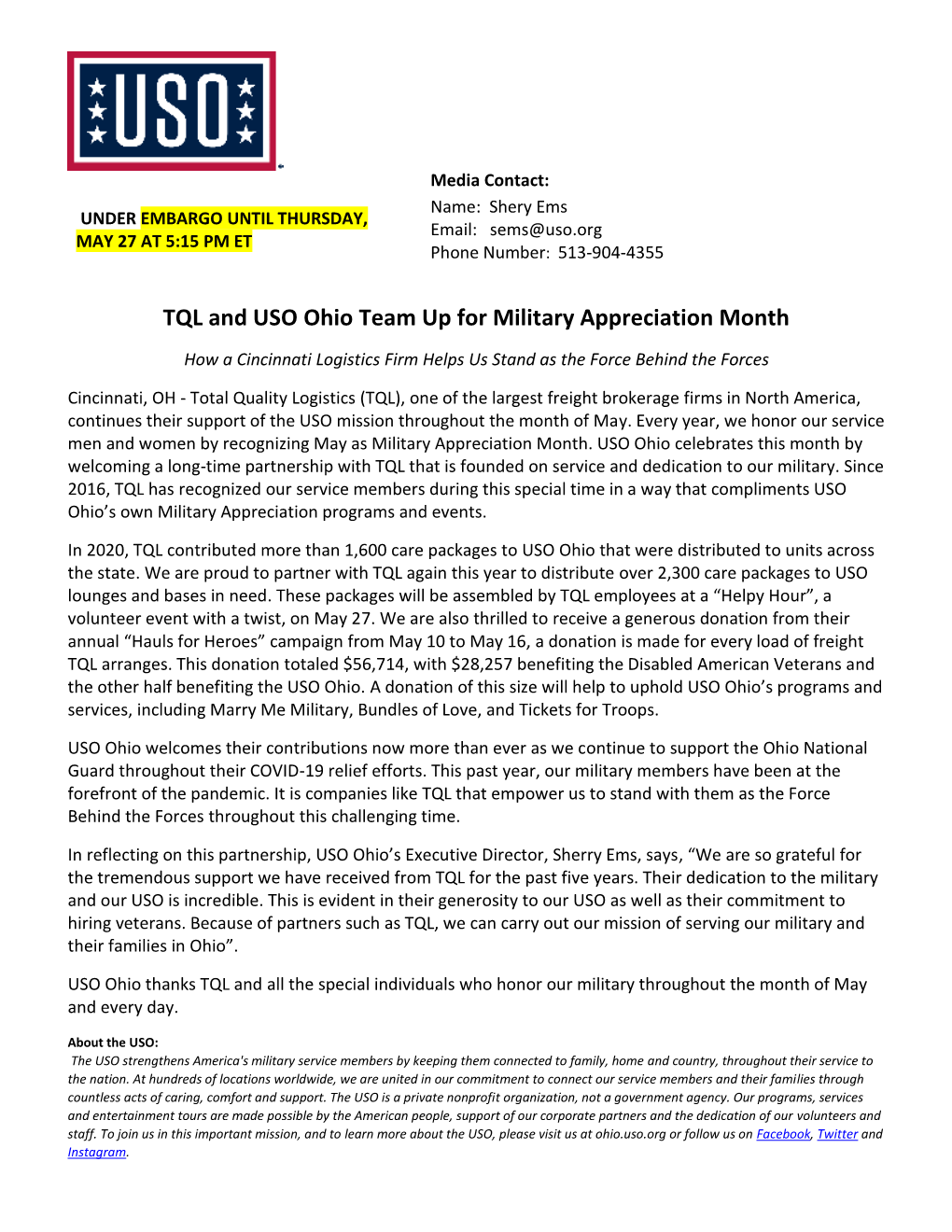 TQL's Partnership with USO Ohio