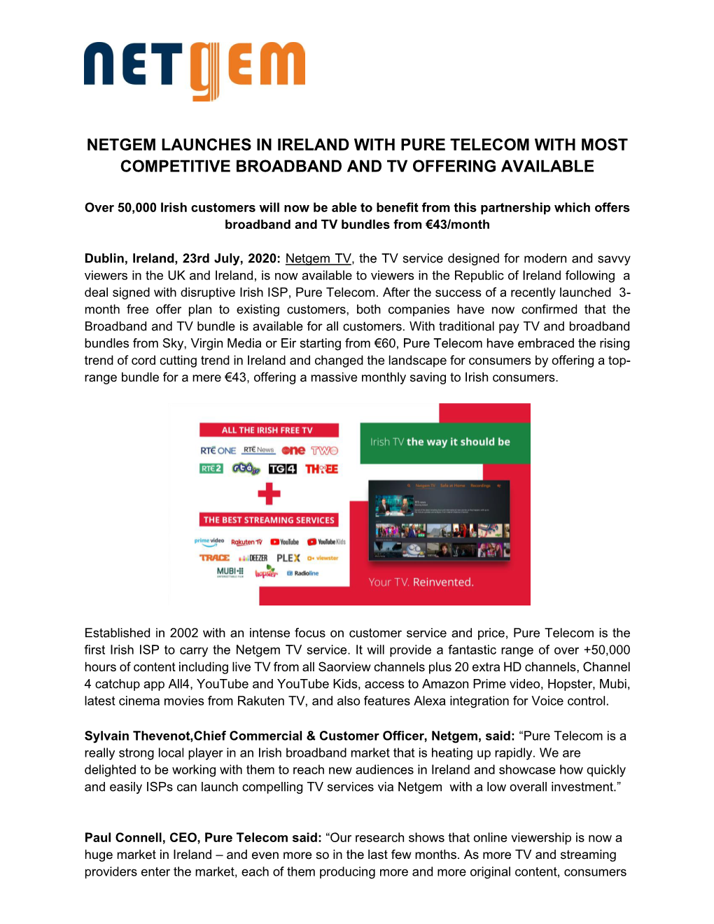 Netgem Launches in Ireland with Pure Telecom with Most Competitive Broadband and Tv Offering Available