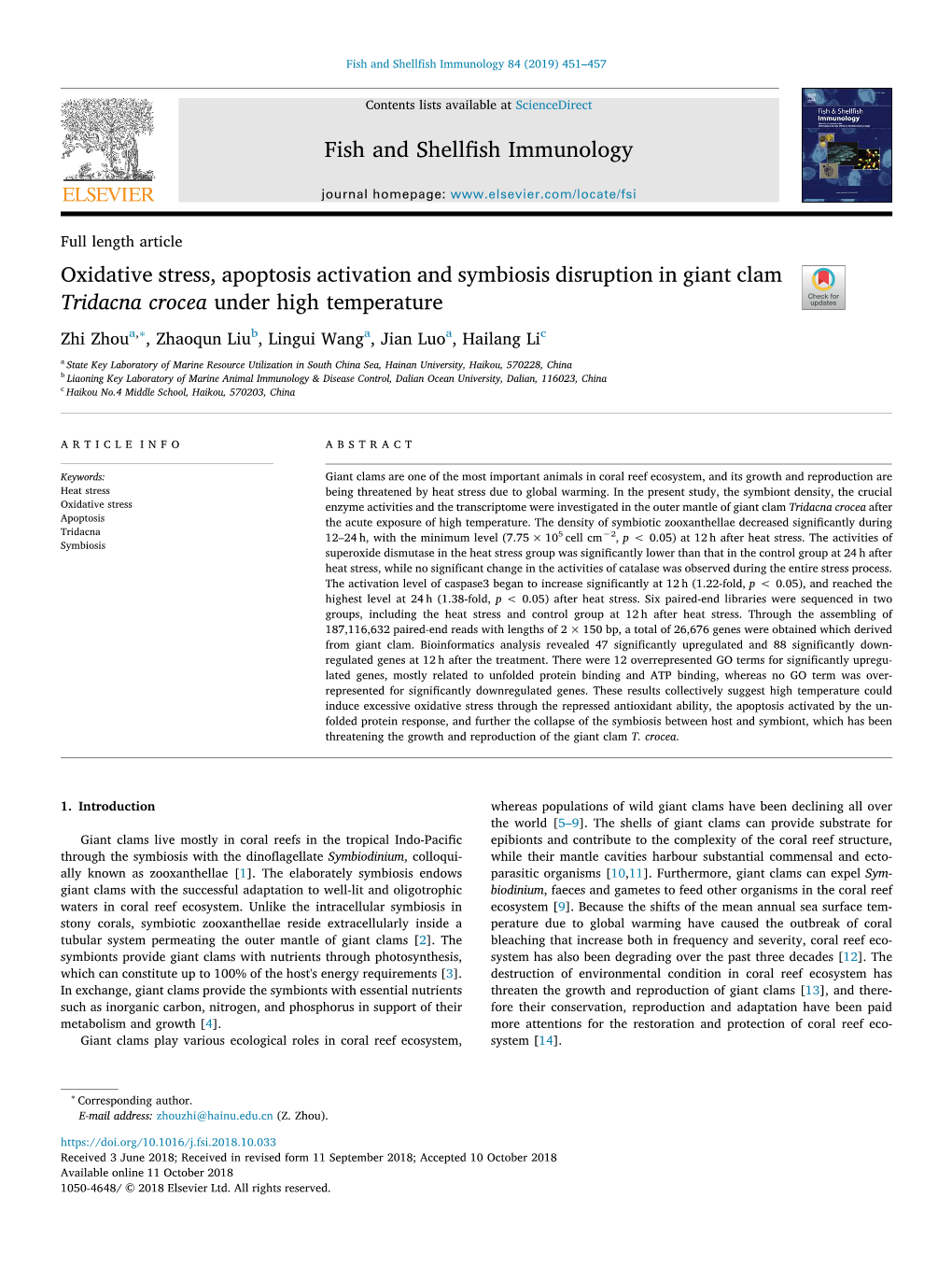 Oxidative Stress, Apoptosis Activation and Symbiosis Disruption in Giant