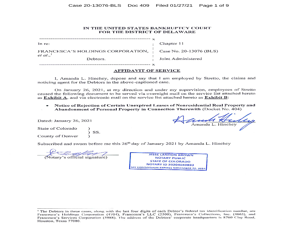 Case 20-13076-BLS Doc 409 Filed 01/27/21 Page 1 of 9 Case 20-13076-BLS Doc 409 Filed 01/27/21 Page 2 of 9