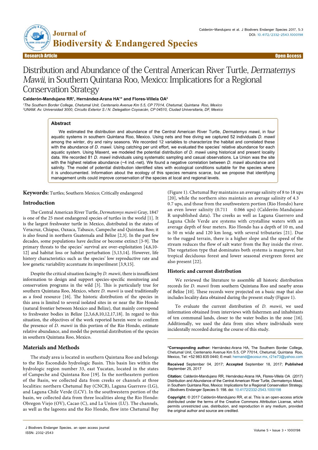 Distribution and Abundance of the Central American River Turtle