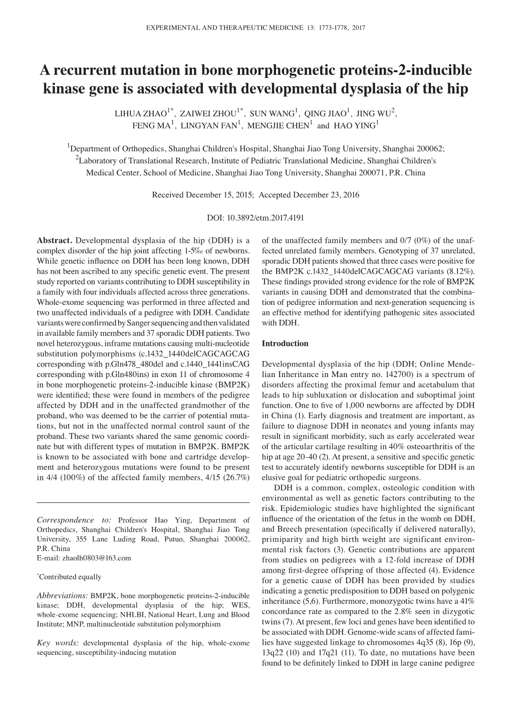 A Recurrent Mutation in Bone Morphogenetic Proteins-2-Inducible Kinase Gene Is Associated with Developmental Dysplasia of the Hip