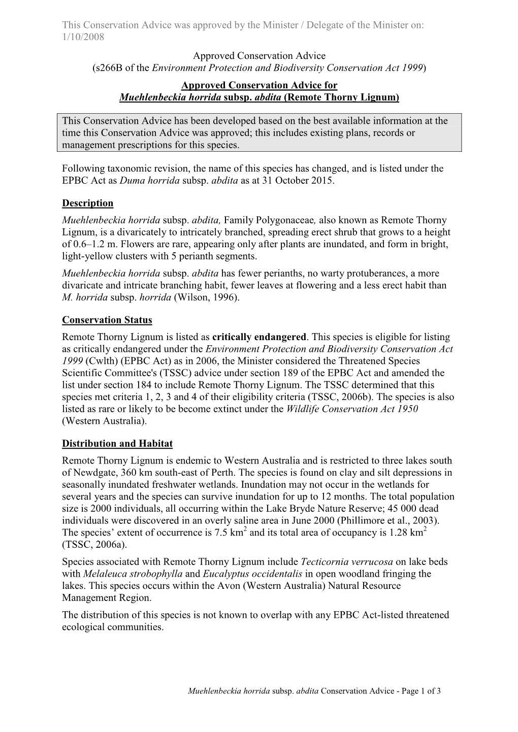 Approved Conservation Advice for Muehlenbeckia Horrida Subsp. Abdita (Remote Thorny Lignum)