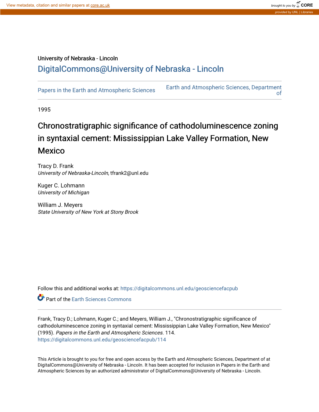 Chronostratigraphic Significance of Cathodoluminescence Oningz in Syntaxial Cement: Mississippian Lake Valley Formation, New Mexico