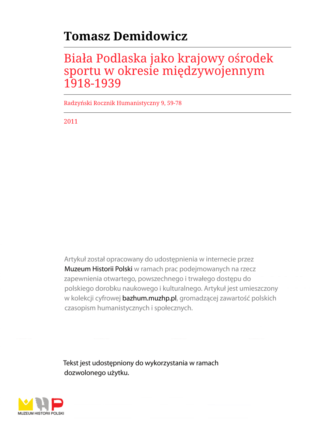 Biała Podlaska Jako Krajowy Ośrodek Sportu W Okresie Międzywojennym 1918-1939