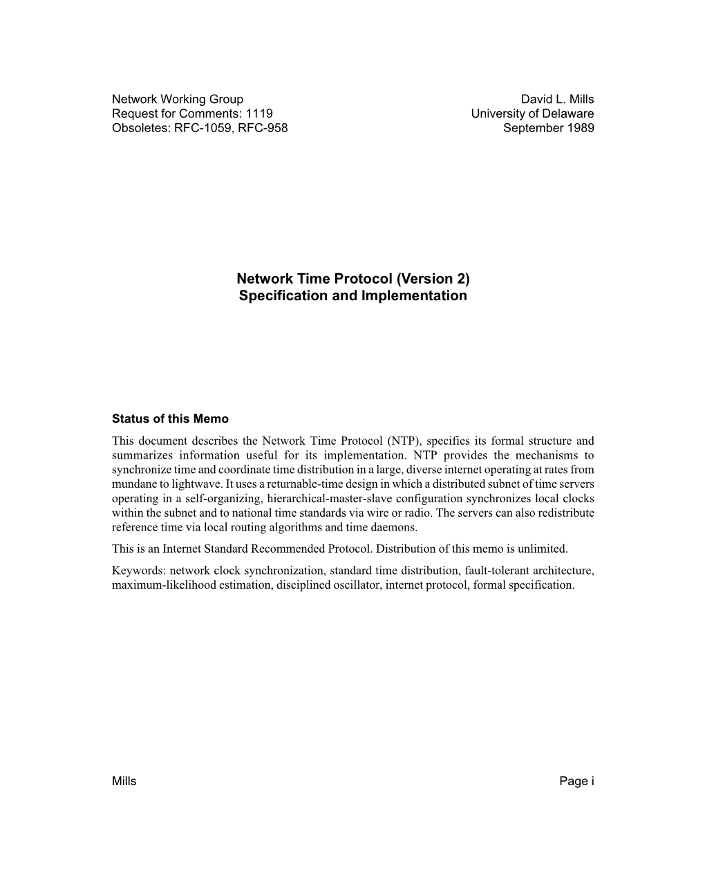 Network Time Protocol (Version 2) Specification and Implementation