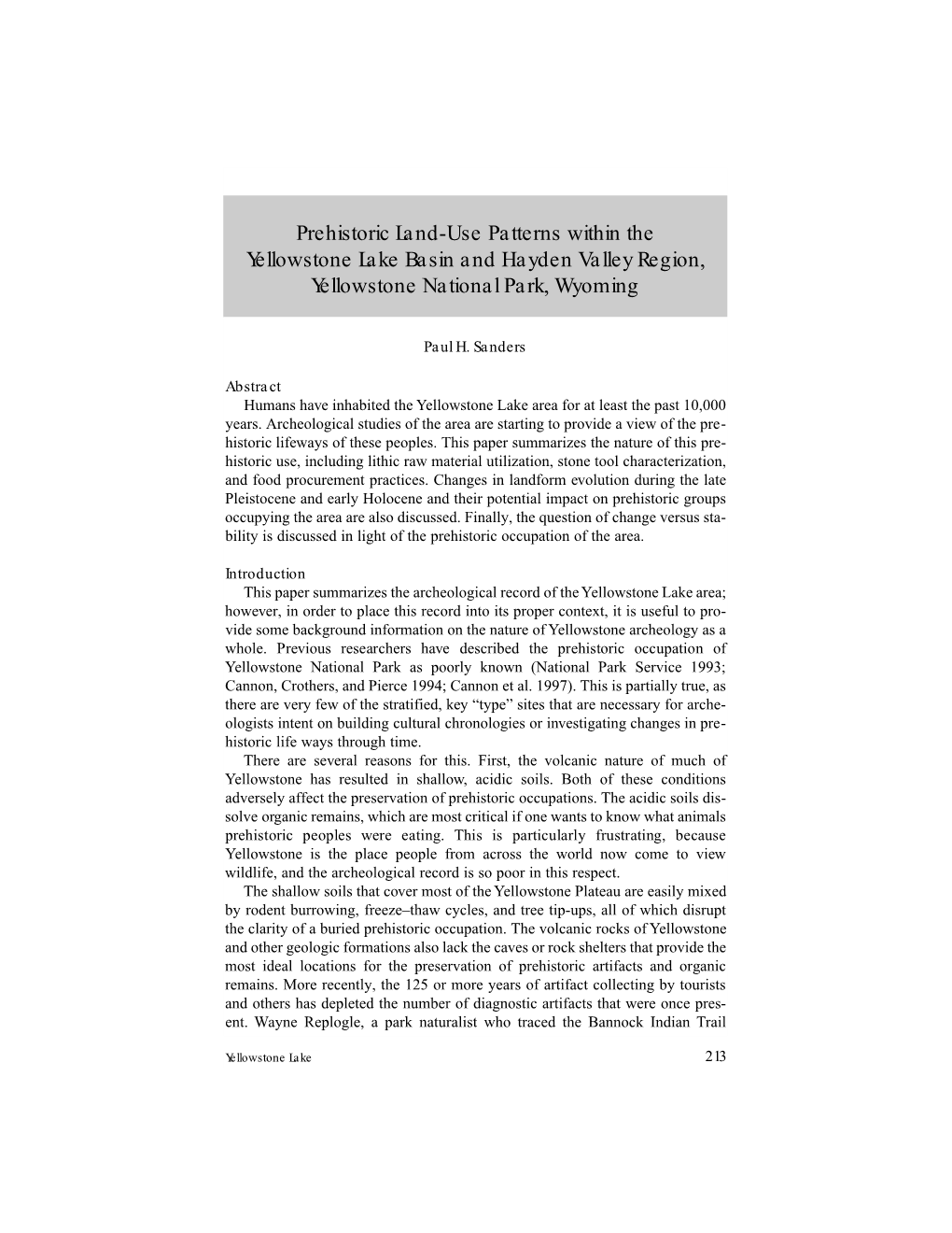 Prehistoric Land-Use Patterns Within the Yellowstone Lake Basin and Hayden Valley Region, Yellowstone National Park, Wyoming