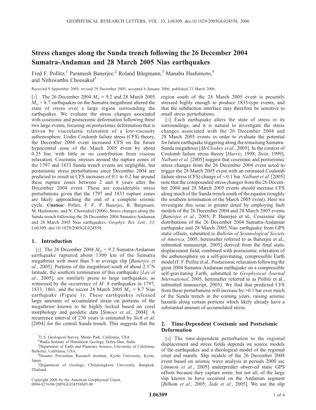 Stress Changes Along the Sunda Trench Following the 26 December 2004 Sumatra-Andaman and 28 March 2005 Nias Earthquakes Fred F