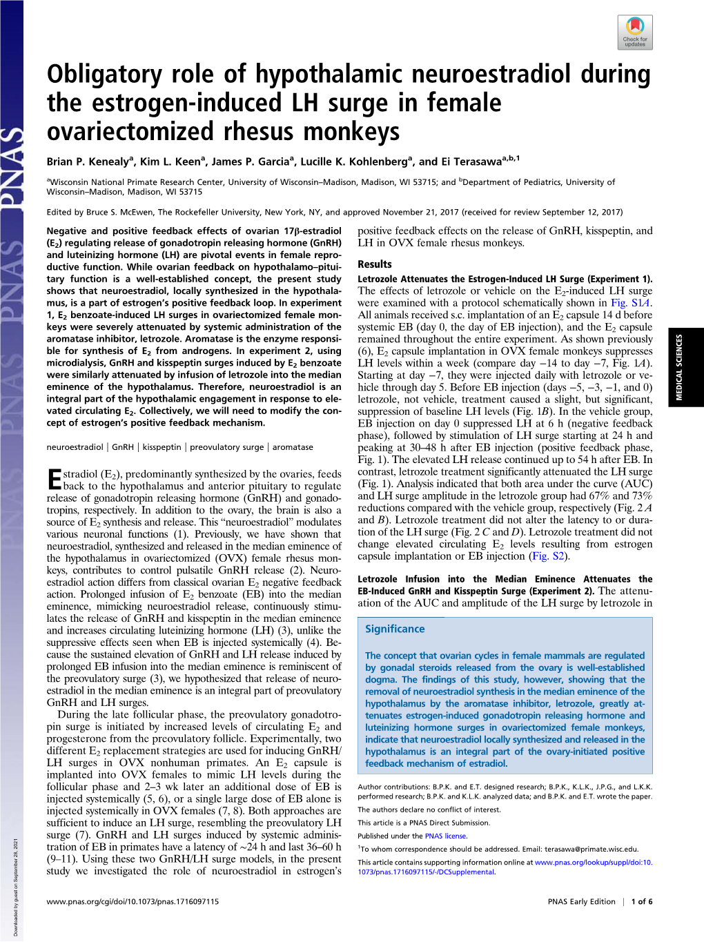 Obligatory Role of Hypothalamic Neuroestradiol During the Estrogen-Induced LH Surge in Female Ovariectomized Rhesus Monkeys