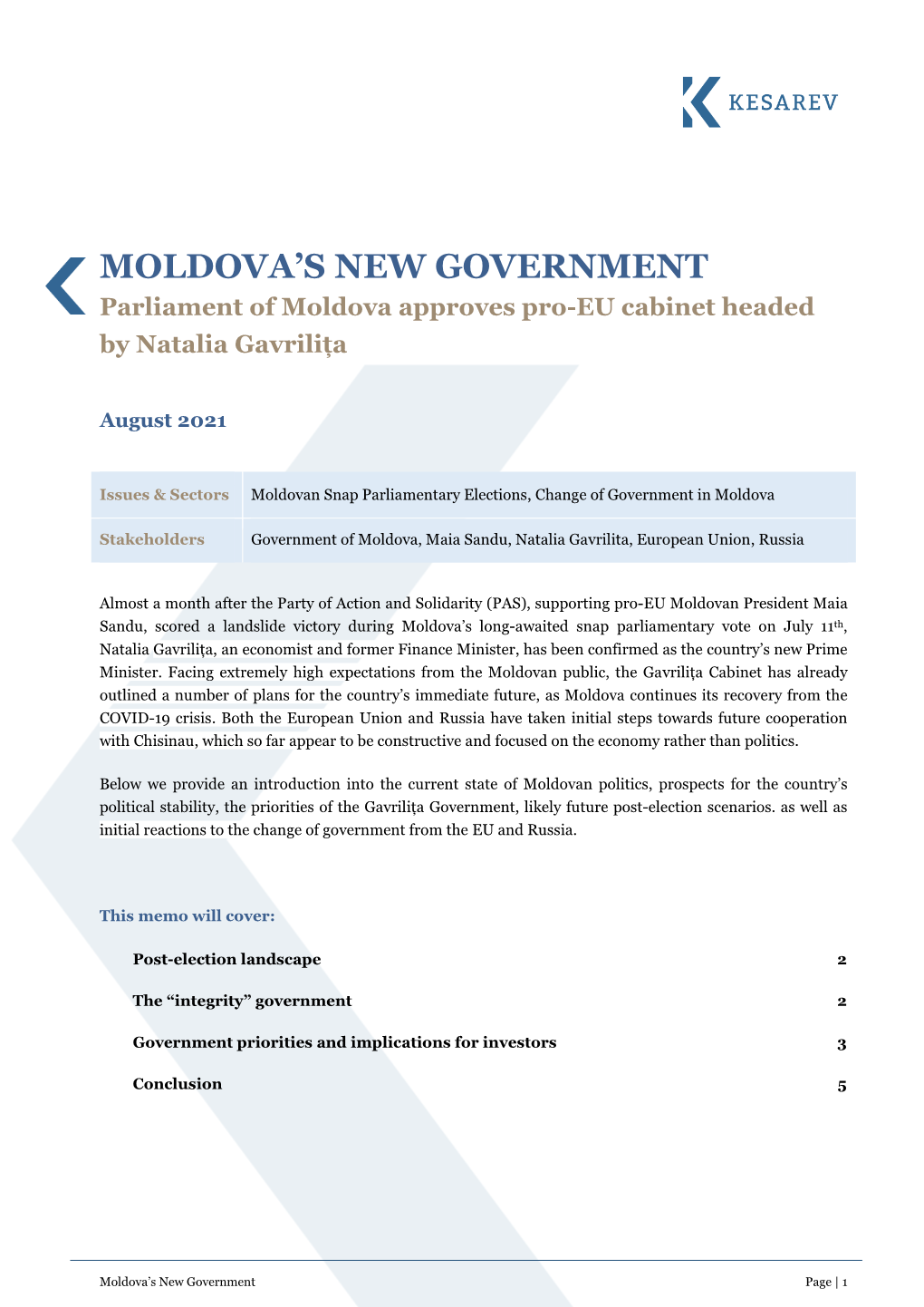 Kesarev Memo | Moldova's New Government | August 2021